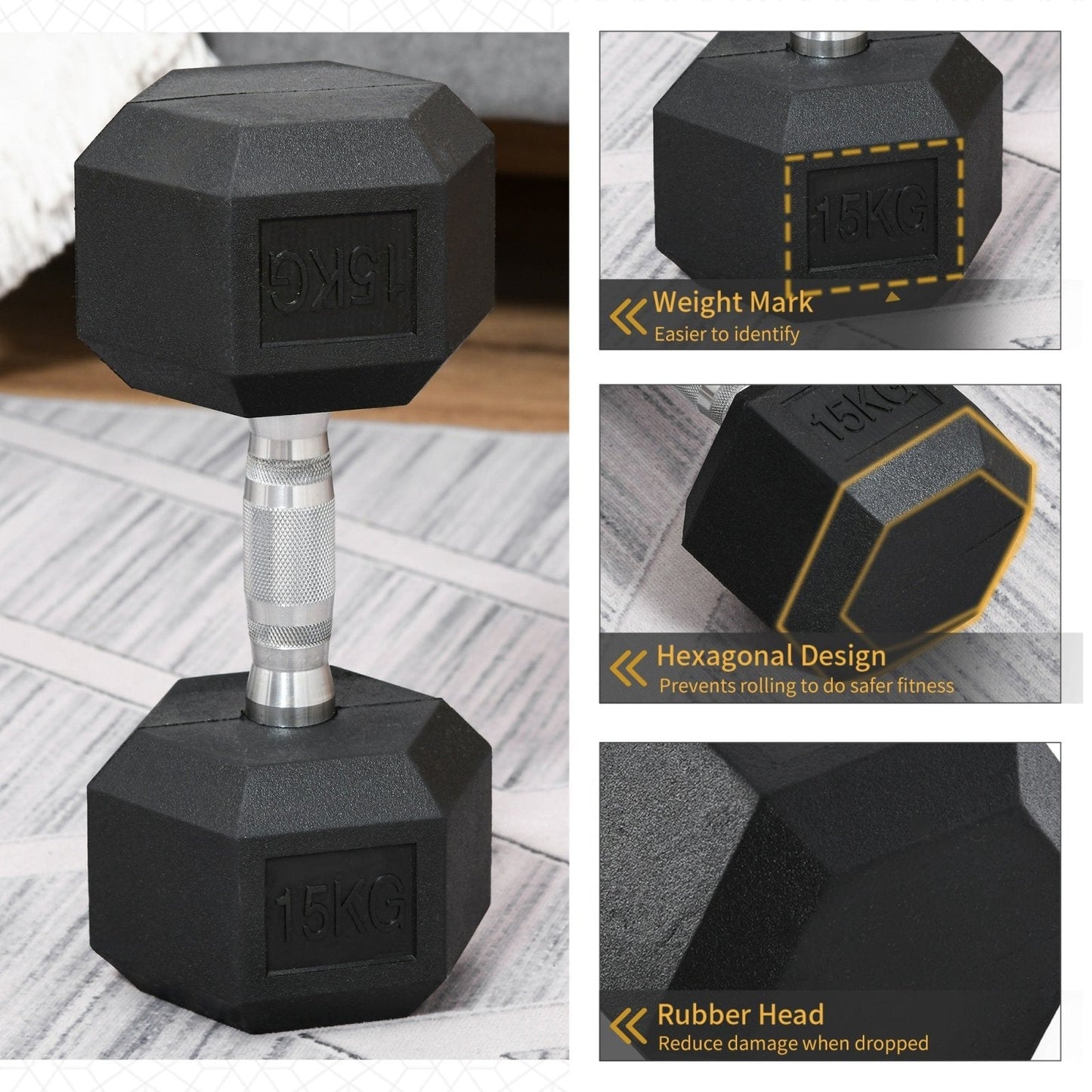 15KG Single Rubber Hex Dumbbell Portable Hand Weights Dumbbell Home Gym Workout Fitness Hand Dumbbell-3